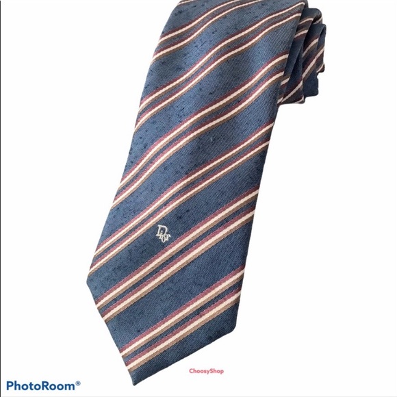 DIOR Tie Denim Blue Rose Tan Cream Skinny Striped - Picture 11 of 11